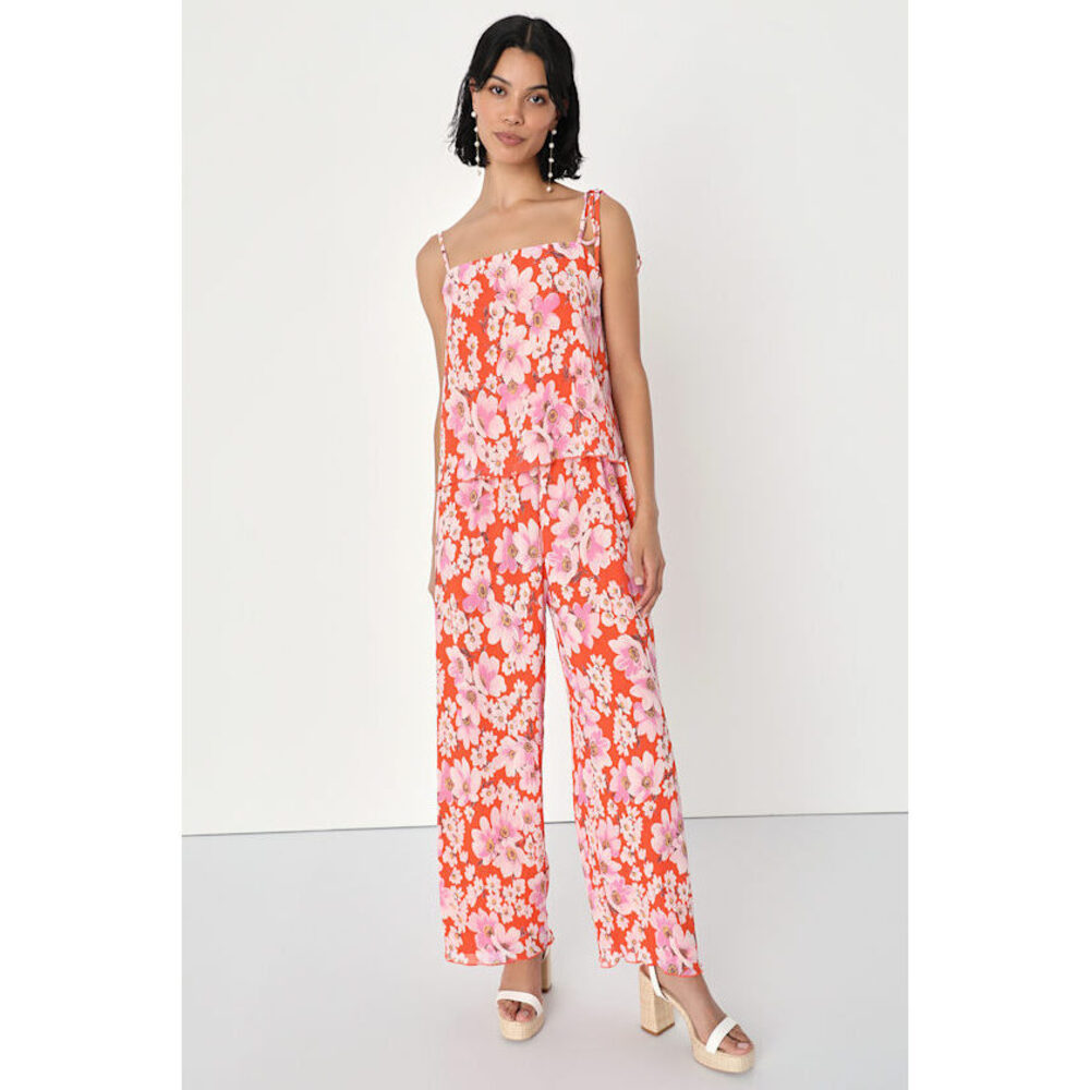 Lulus Sunshine Times Orange Floral Print Pleated High Rise Pants - Size M